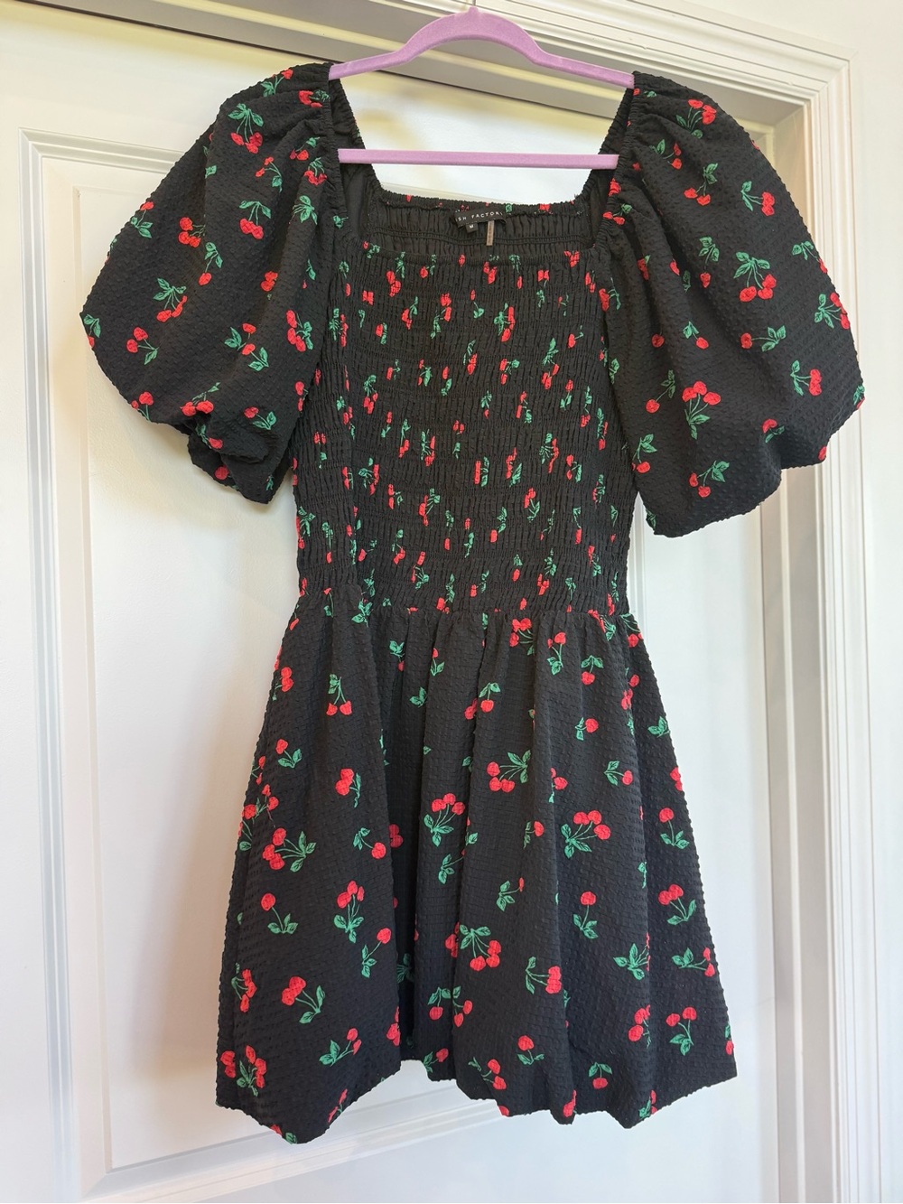 Women’s Black Cherry-Print Dress with Puff Sleeves by English Factory
